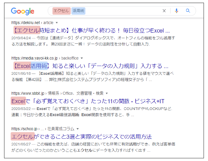 「エクセル活用術」と検索した際のGoogleの検索結果