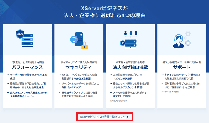 XServerビジネスのトップページにあるコンテンツ例