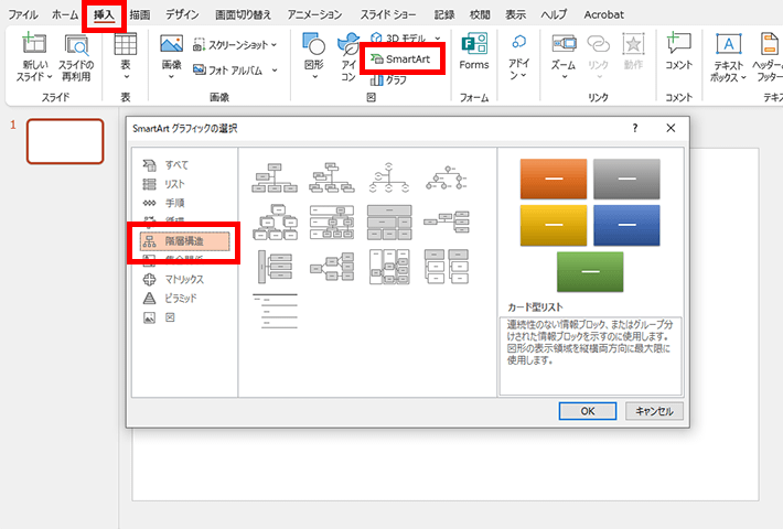 パワーポイントのSmartArt機能から階層構造を選択