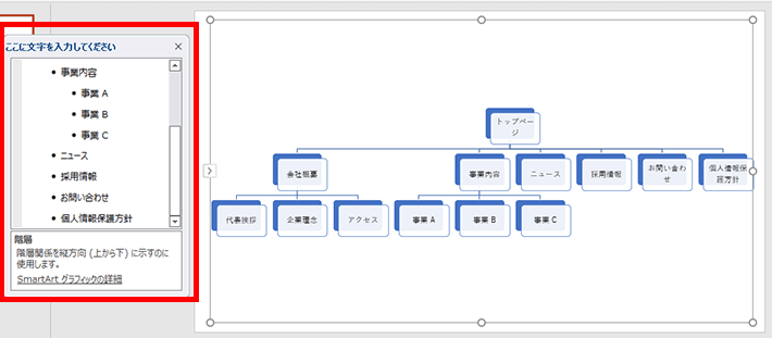 パワーポイントのSmartArt機能からページ名を入力