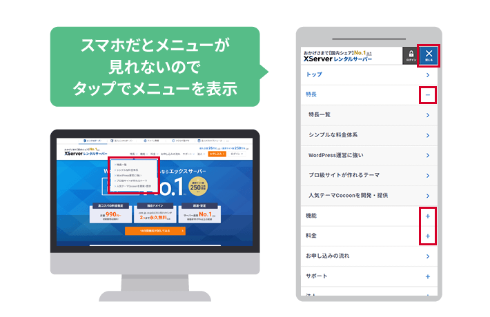 スマホでのナビゲーションメニューの表示例