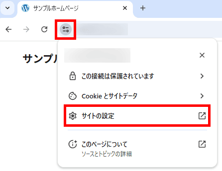 「サイト情報」を表示して「サイトの設定」をクリック