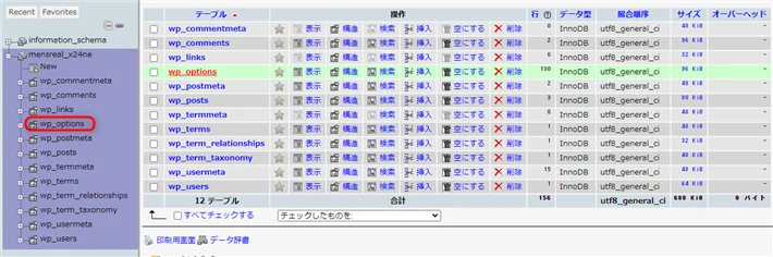 wp_optionsをクリック