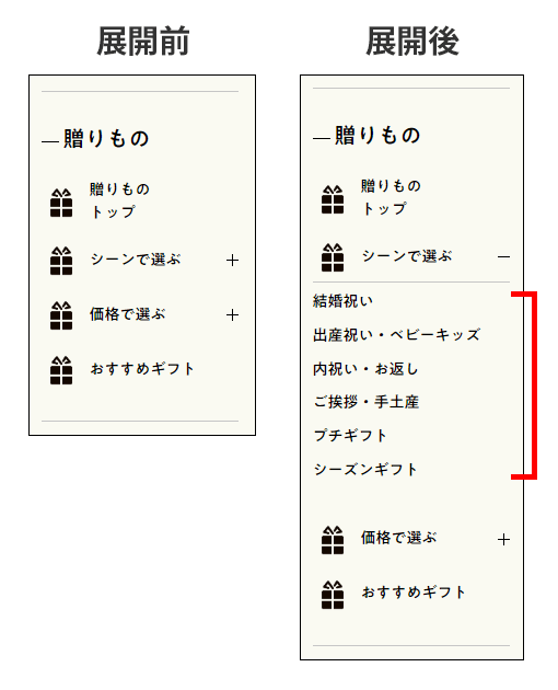 日本百貨店のパソコンサイトのサイドバーのアコーディオンメニューの展開前と展開後