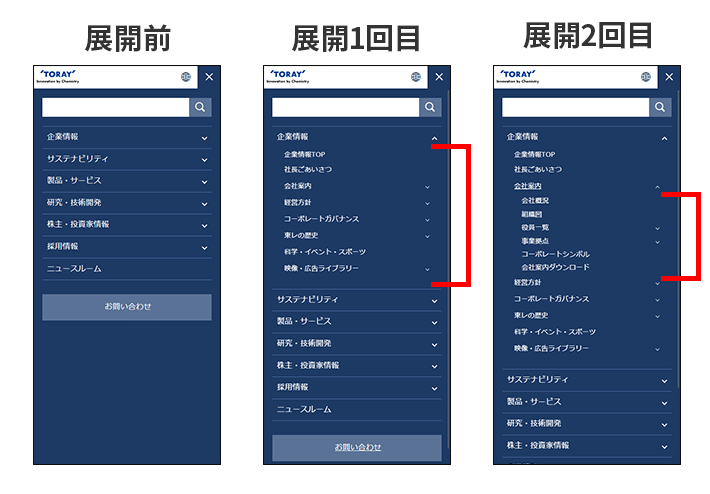 東レ株式会社のスマホサイトのアコーディオンメニューの展開前と展開後