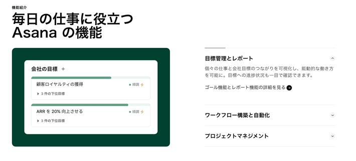 Asnaのパソコンサイトの重要な機能一覧のアコーディオンメニュー