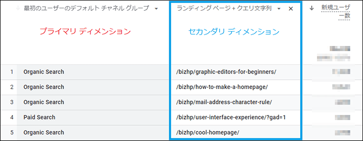 セカンダリディメンションにランディングページを追加