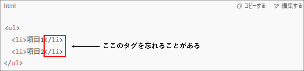HTMLでのリストのタグ表示例
