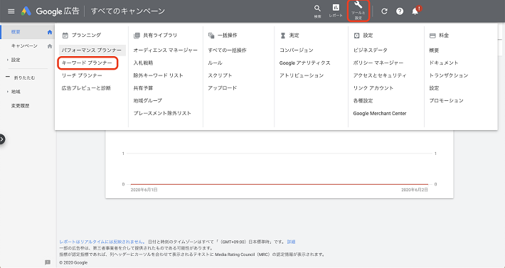 エキスパートモードに切り替えると、右上の「ツールと設定」から「キーワードプランナー」が選択できるようになります。