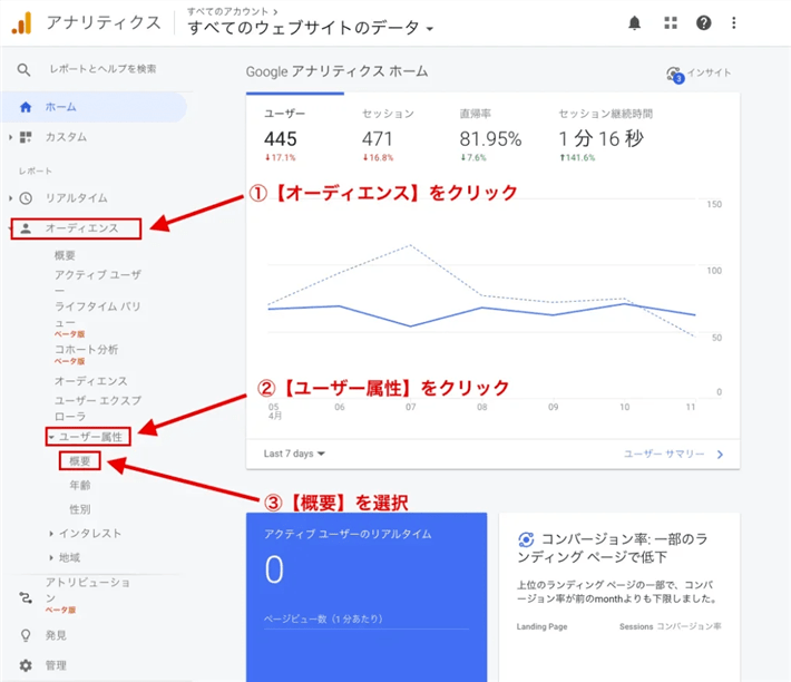 「オーディエンス」→「ユーザー属性」→「概要」をクリック