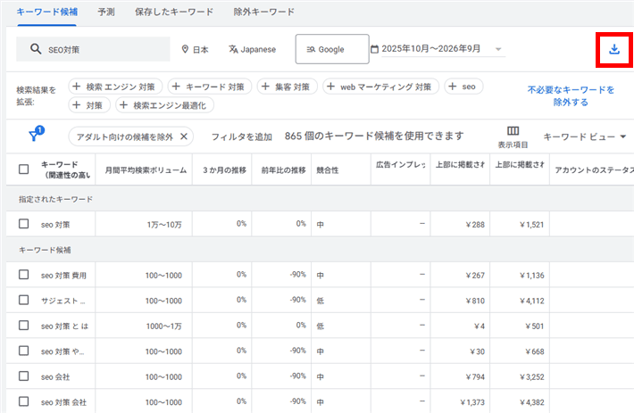 キーワード候補をダウンロードする