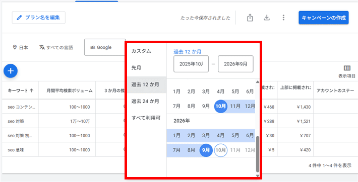 期間を限定してキーワード情報を取得