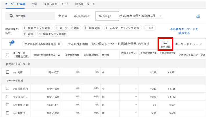 検索結果画面の右側にある、「表示項目」をクリック