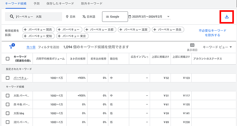 画像：キーワードプランナーで検索結果をダウンロード