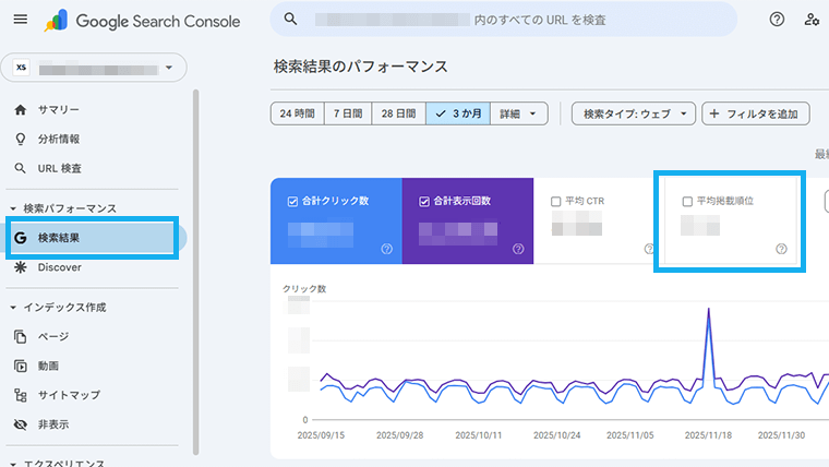 Googleサーチコンソールの検索パフォーマンスで平均掲載順位を確認
