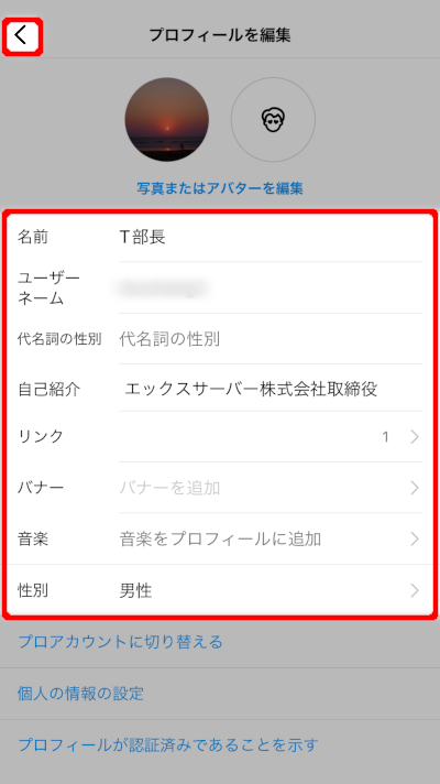 画像:インスタグラムのプロフィール内容を入力