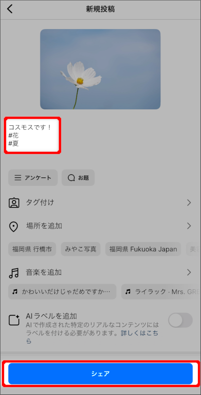 画像:インスタグラムへの投稿-文章やハッシュタグを入力