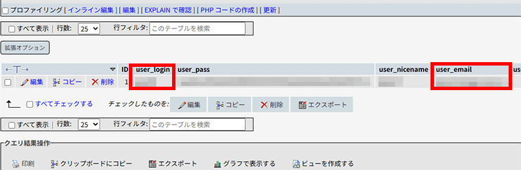 画像：phpmyadminでユーザー名とメールアドレスを確認