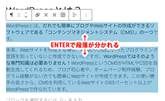 WordPressのエディタ上でENTERを押すと段落が分かれる