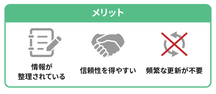 ホームページのメリットは情報が整理されている、信頼性を得やすい、頻繁な更新が不要