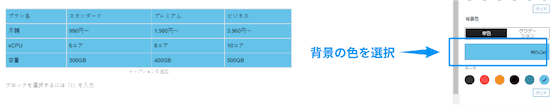 「背景色」項目の好きな色をクリックするとテーブルに反映されます