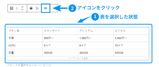 テーブルを選択した状態でテーブルのアイコンをクリックします