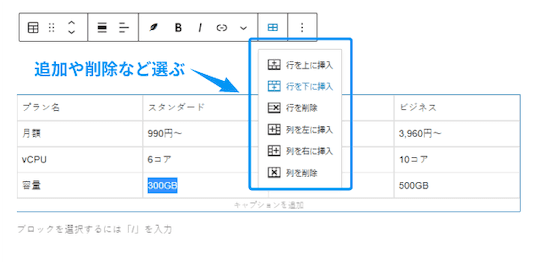 列や行を追加、または削除したい項目をクリックします