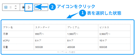 テーブルを選択した状態で「3本線」のアイコンをクリックします