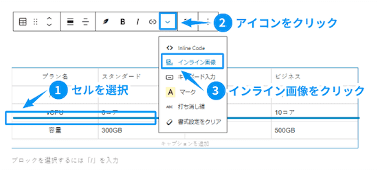 挿入したいセルを選択した状態で「v」のアイコンをクリックし、「インライン画像」をクリックします