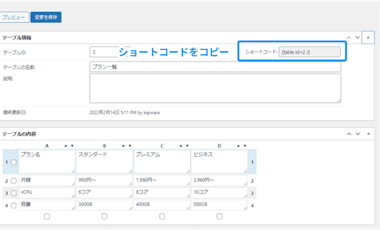 右上のショートコードをコピーする