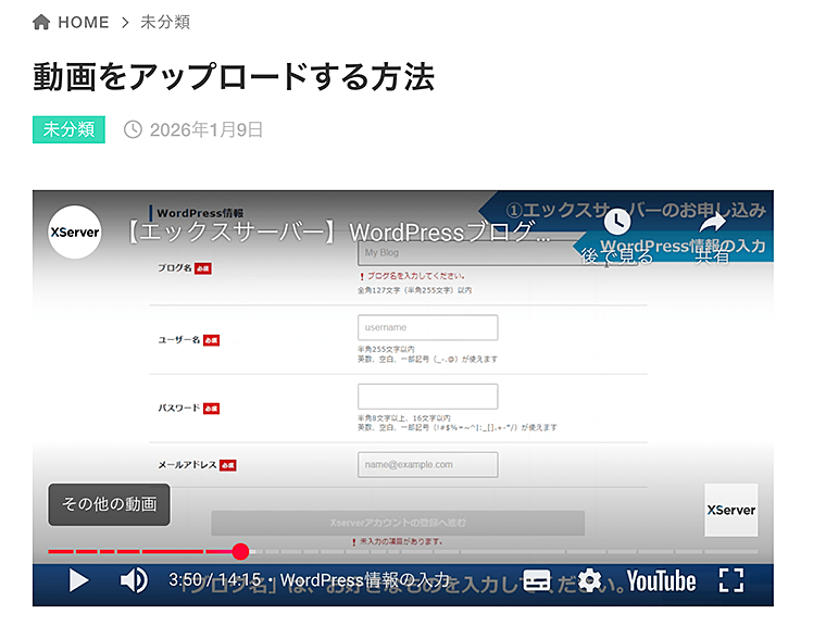 WordPressのプレビューで指定された開始位置で動画が表示されます