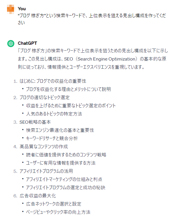 ChatGPTが回答した「ブログ 稼ぎ方」というキーワードについてのブログ記事構成案