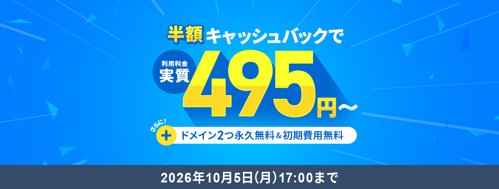 半額キャッシュバックキャンペーン！圧倒的ハイスペックサーバーが実質月額495円から使える！10/5(月)17:00まで
