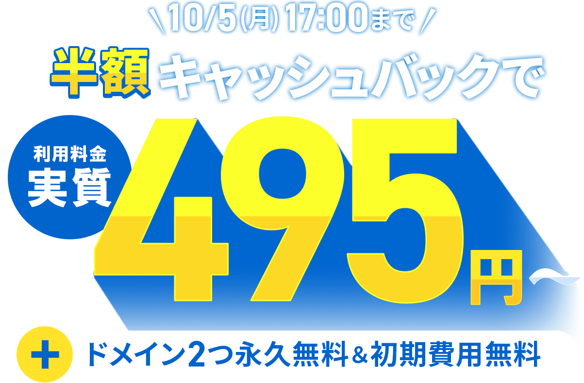 半額キャッシュバックキャンペーン！圧倒的ハイスペックサーバーが実質月額495円から使える！10/5(月)17:00まで