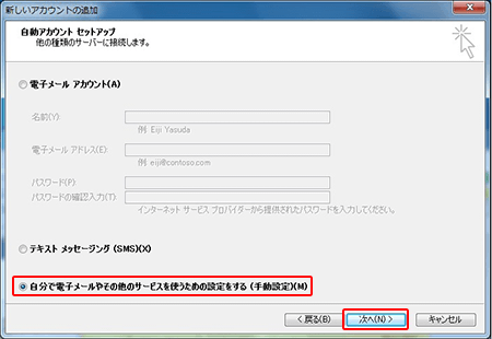 自分で電子メールやその他のサービスを使うための設定をするを選択