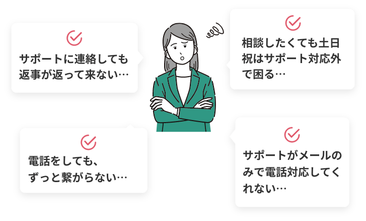 サポートに連絡しても返事が返って来ない… 相談したくても土日祝はサポート対応外で困る… 電話をしても、ずっと繋がらない… サポートがメールのみで電話対応してくれない…